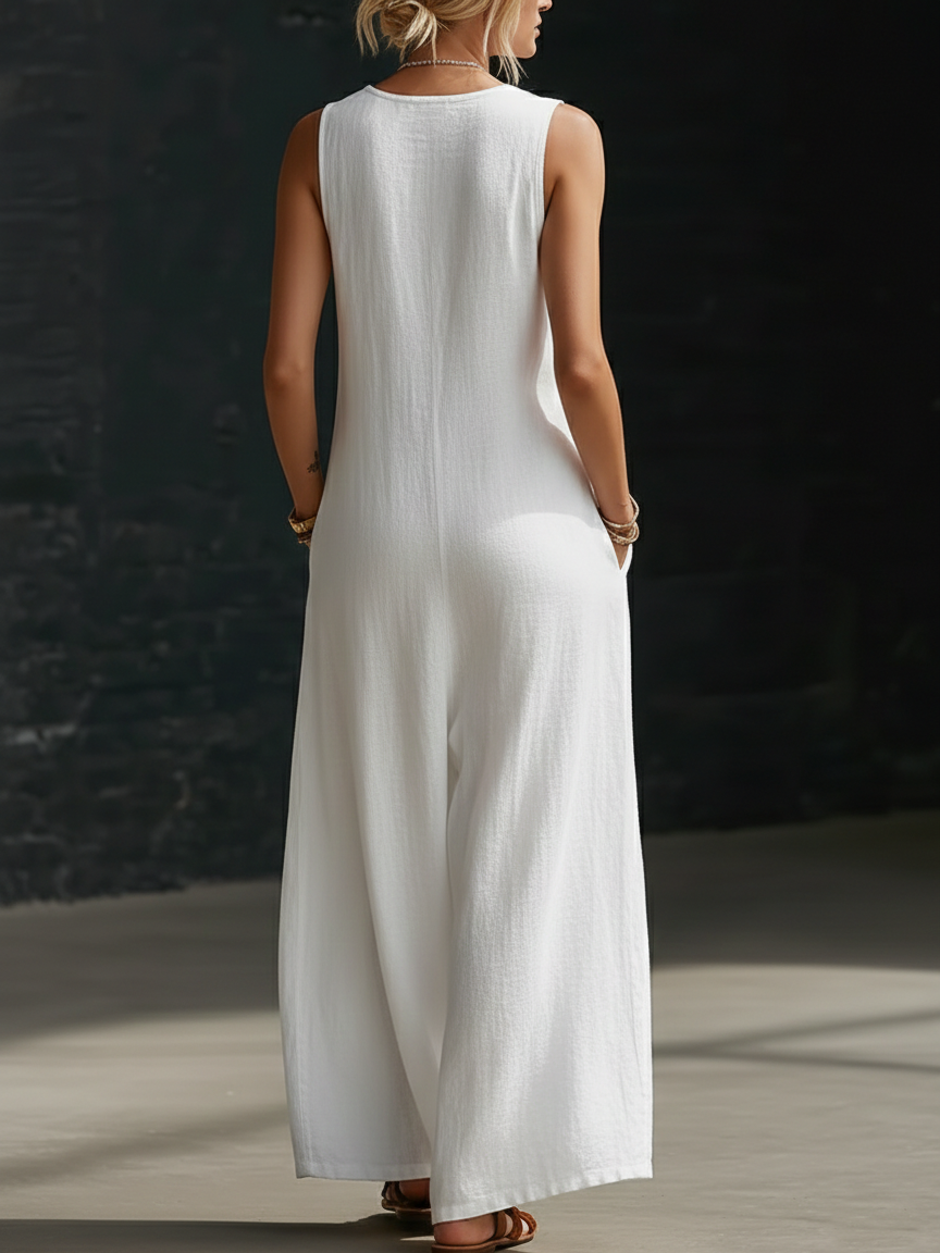 Minimalist Cozy V-neck Button-up Linen Jumpsuit