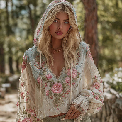 Women's Vintage Floral V-neck Hoodie