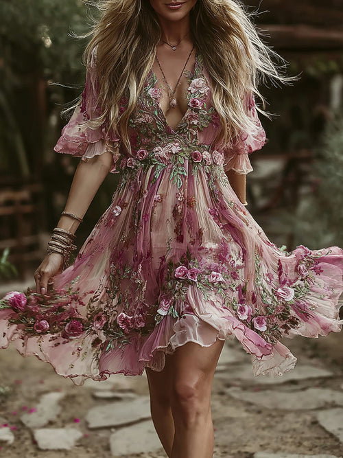 Women's Vintage Rose Floral Embroidery Casual Short Sleeve Dress