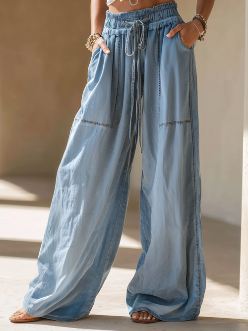 Light Wash Wide-Leg Denim Pants – Drawstring Waist & Patch Pocket Detail