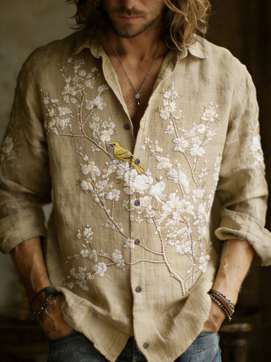 Men's Apricot Blossom With Bird Embroidery Painting Art Linen Shirt