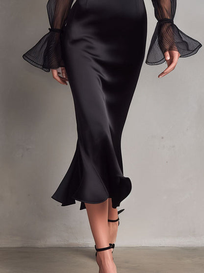 Elegant Black Satin Midi Evening Dress With Sheer Pleated Bell Sleeve