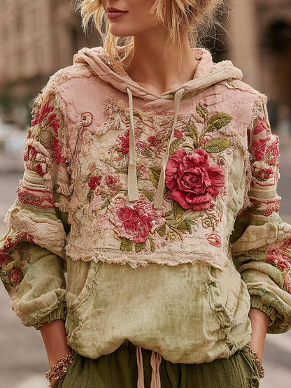 Women's Retro Floral Colorblock Casual Comfort Hooded Sweatshirt