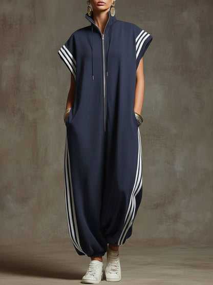 Women's Stand-collar Short-sleeved Casual Loose Cotton Wide-leg Jumpsuit