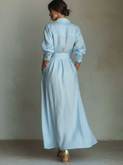 Waist-cinching Shirt-style Maxi Linen And Cotton Dress