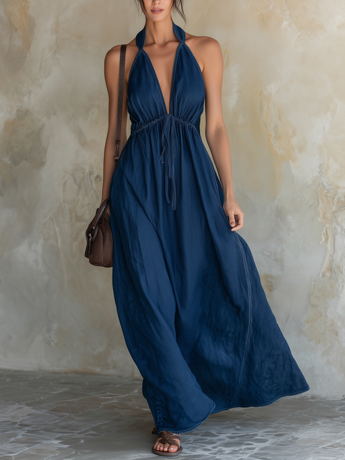 Dark Blue Tencel Denim Halter Neck Backless Maxi Dress