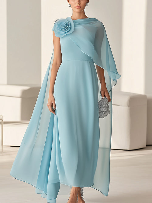 Chic Light Blue Chiffon Dress with 3D Floral Shoulder Detail