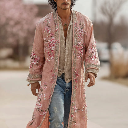 Men's Japanese Cherry Blossom Pattern Linen Blend Long Kimono