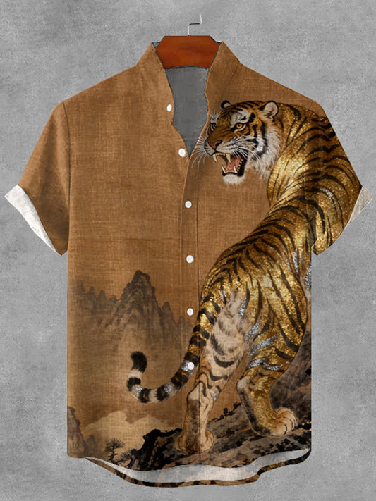 Men's Vintage Tiger Japanese Art Print Button Shirt