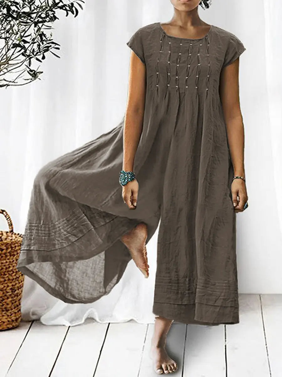 Women's Solid Color Art Casual Short Sleeve Cotton Linen Jumpsuit