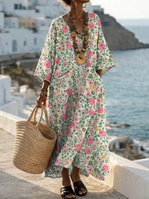 Women's Vintage Floral Pattern Art Print Casual Cotton Dress