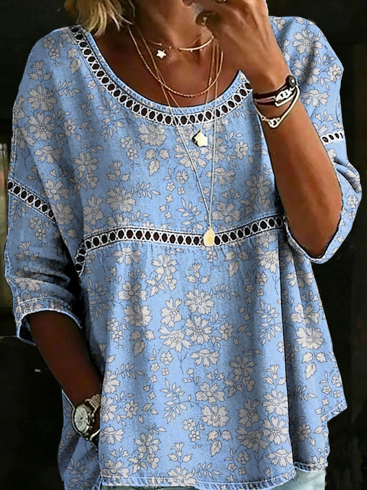 Women's Vintage Flower Casual Loose Denim Blouse Shirt