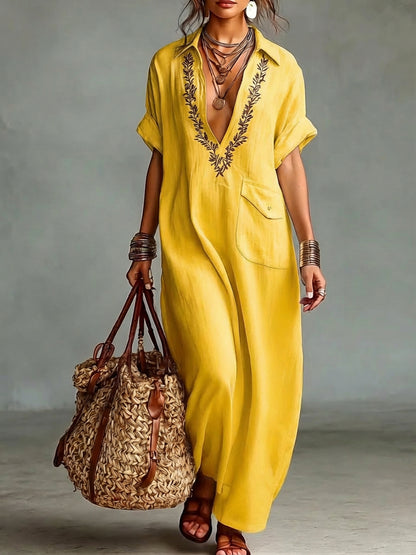 Loose-fitting V-neck Linen And Cotton Dress