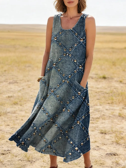 Women's Plaid Pattern Art Print Casual Cotton Denim Dress