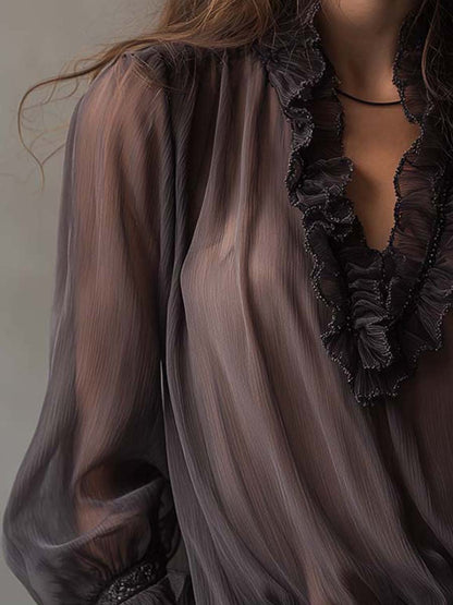 Smoky Charcoal Ruffled Chiffon Blouse