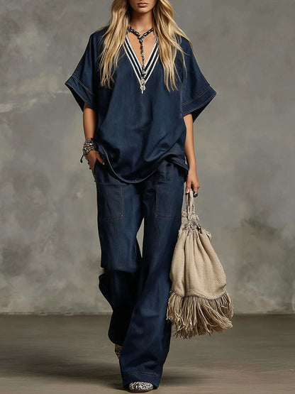 Women's V-neck Short-sleeved Casual Loose Top And High-waisted Casual Loose Wide-leg Denim Pants Set.