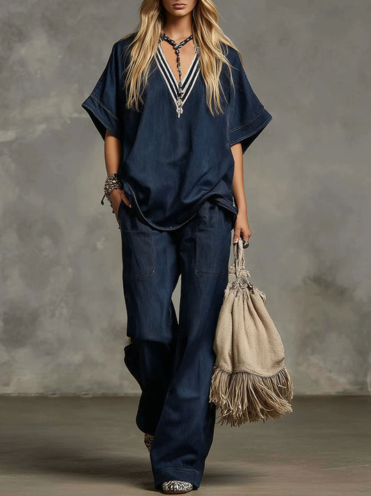 Women's V-neck Short-sleeved Casual Loose Top And High-waisted Casual Loose Wide-leg Denim Pants Set.
