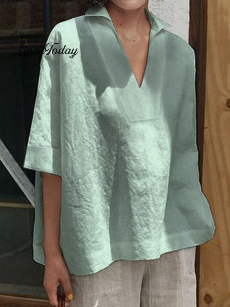 Women's V-neck Cotton And Linen Solid Colour Loose Mid-Sleeve Shirt