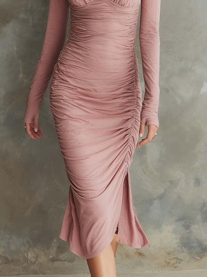 Retro Pleated Contrast Halter Neck Midi Dress