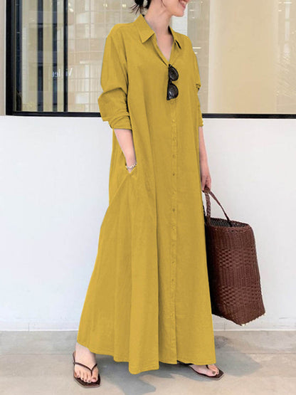 Women's Solid Color Casual Loose Elegant V-Neck Cotton And Linen Pocket Shirt Dress