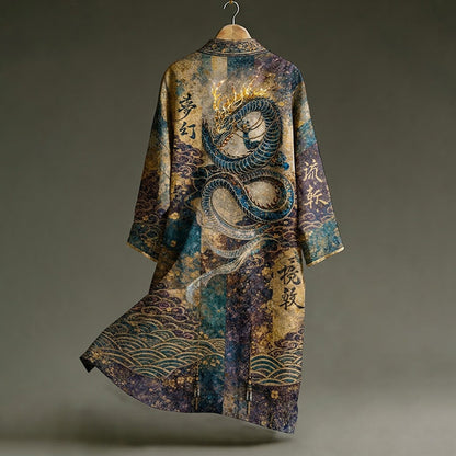 Men's Vintage Japanese Calligraphy Dragon Art Pattern Linen Blend Long Kimono