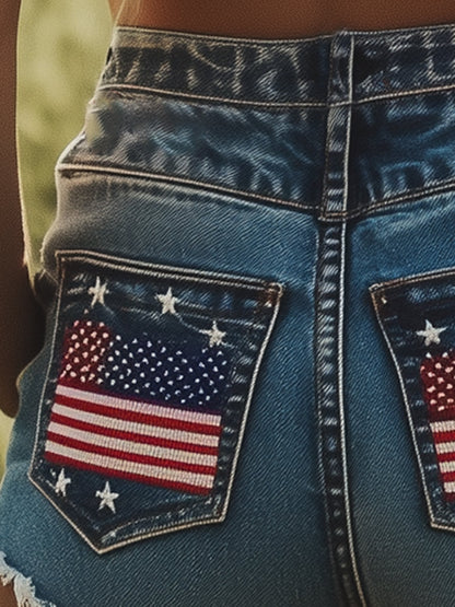 [24-hour shipping out]Fashionable Sexy Pocket Embroidered Denim Shorts