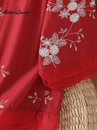 Art Retro Embroidery 3/4 Sleeve Patchwork Shirt