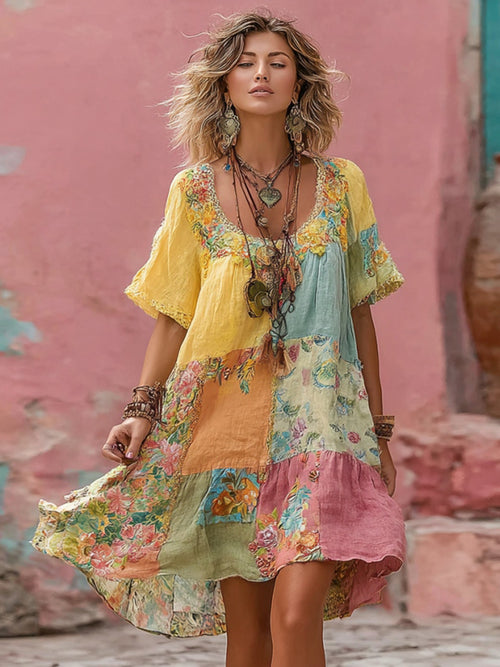 Women's Flower Embroidery Macaron Patchwork Art Crew Neck Linen Blend Midi Dress