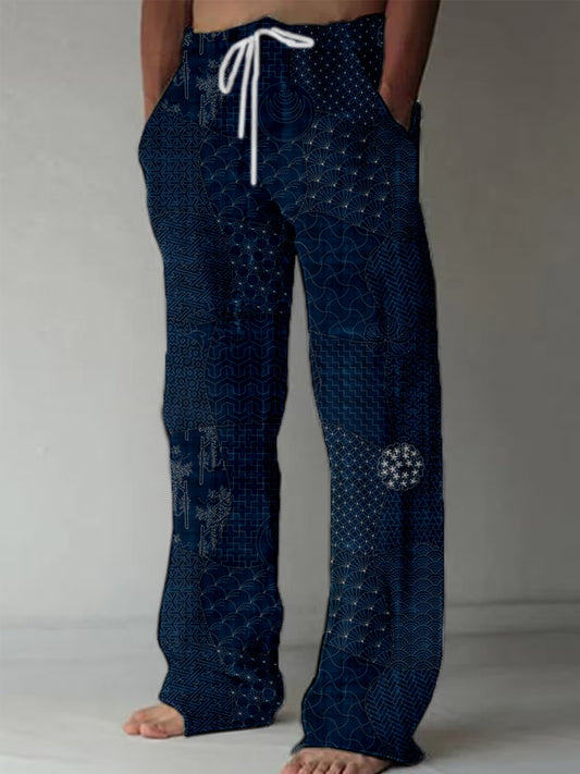 Men's Japanese Traditional Sashiko Art Linen Blend Casual Pants