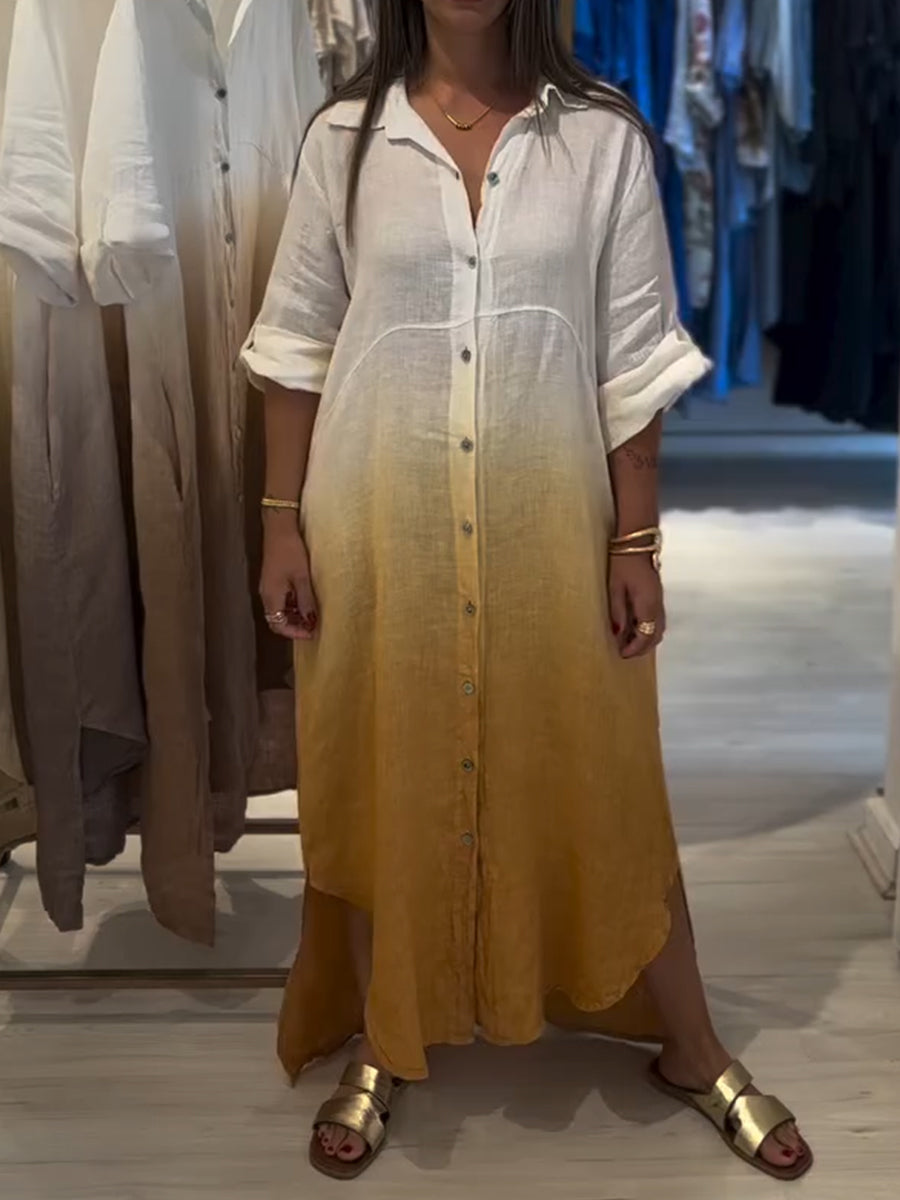 Casual Gradient Color Linen And Cotton Shirt Dress