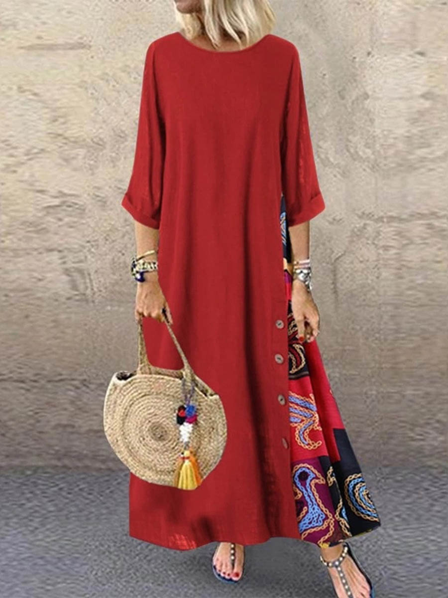 Women's Retro Floral Contrast Button Patchwork Cotton And Linen Casual Dress