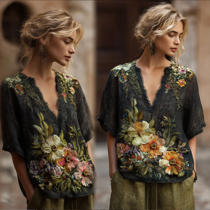 Bohemian Style Three-dimensional Flower Sequin Embroidery Vintage Black V-neck Short Sleeve