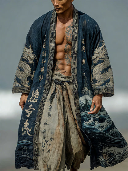 Men's Japanese Dragons Sea Waves Calligraphy Linen Long Kimono