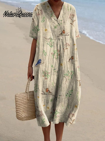 Boughs And Robin Birds Pattern Printed Women's Casual Cotton And Linen Shirt