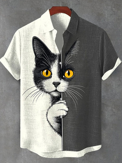 Men's  The Peeping Cat Colorblock Art Casual Short Sleeve Shirts