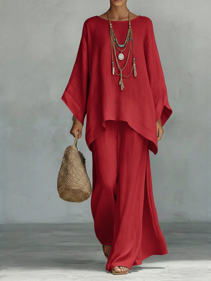 Women's Comfortable, Loose-fitting Linen And Cotton Top And Wide-leg Pants Two-piece Set.