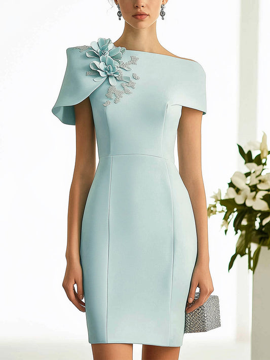 Elegant Pale Blue Green Dress With 3D Floral Shoulder Detail
