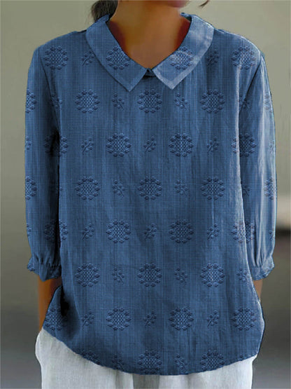 Women's Vintage Floral Art Print Casual Cotton And Linen 3/4 Sleeve Shirt