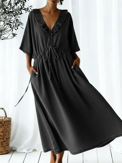 Casual Retro Ruffled Collar Loose Denim Dress