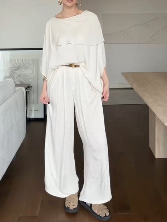 Women's Solid-color Round-neck 3/4-sleeve Loose Casual Top & High-waisted Wide-leg Pants Set