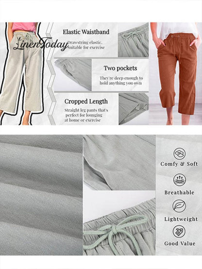 Women's Casual Summer Linen Pants High Waisted Loose Yoga Sweatpants Crop Pants with Pockets