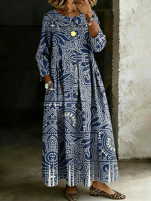 Women's Retro Ethnic Art Splicing Long-sleeved Loose-fitting Casual Denim Dress