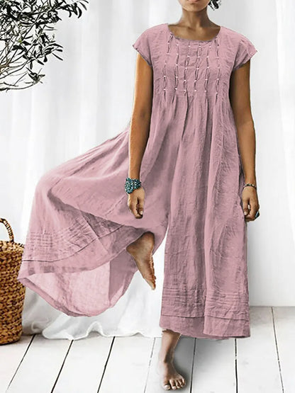 Women's Solid Color Art Casual Short Sleeve Cotton Linen Jumpsuit