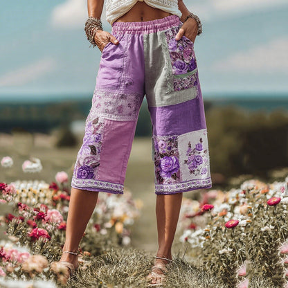 Women's Patchwork Rose Floral Contrast Waist Elastic Pocket Shorts