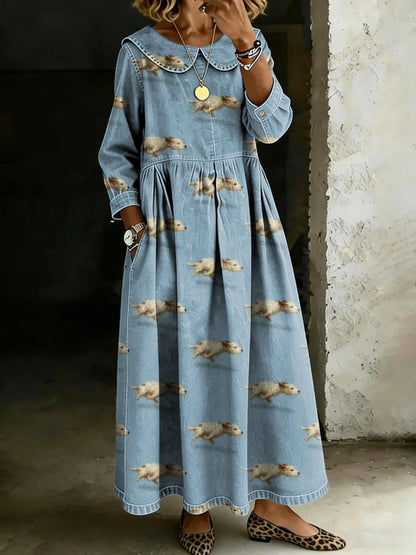 Women's Retro Funny Cute Running Dog Splicing Long-sleeved Loose-fitting Casual Denim Dress