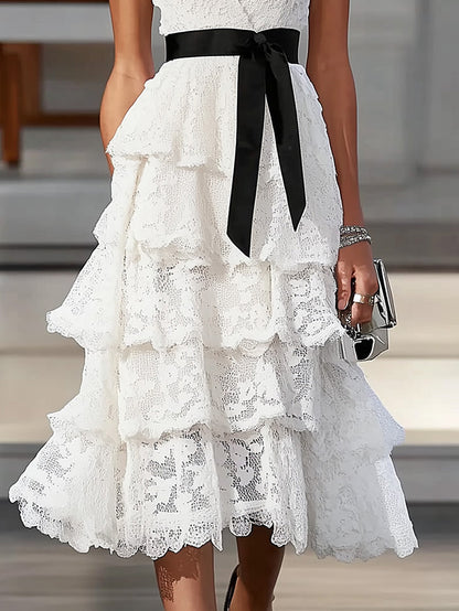 Chic White Lace Tiered Dress with Black Waist Tie