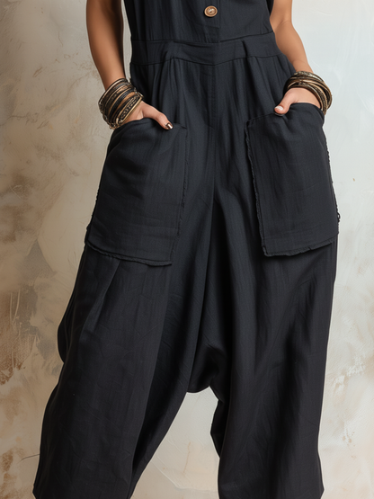 Black Linen-Blend Sleeveless Harem Jumpsuit | Effortless Boho Utility Style