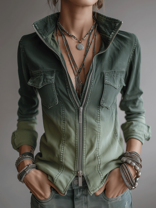 Casual Green Gradient Workwear Pocket Denim Zip-Up Shirt