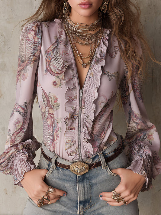 Vintage-style Snake Print Satin Blouse With Ruffles