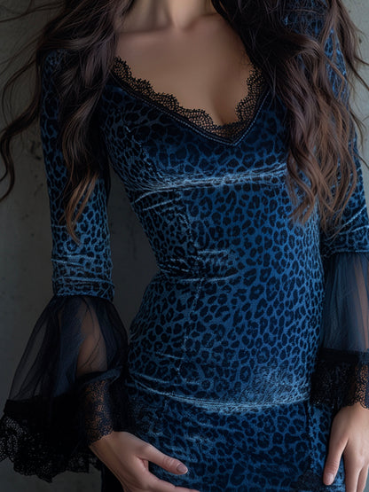 Midnight Blue Velvet Leopard Print Cocktail Dress